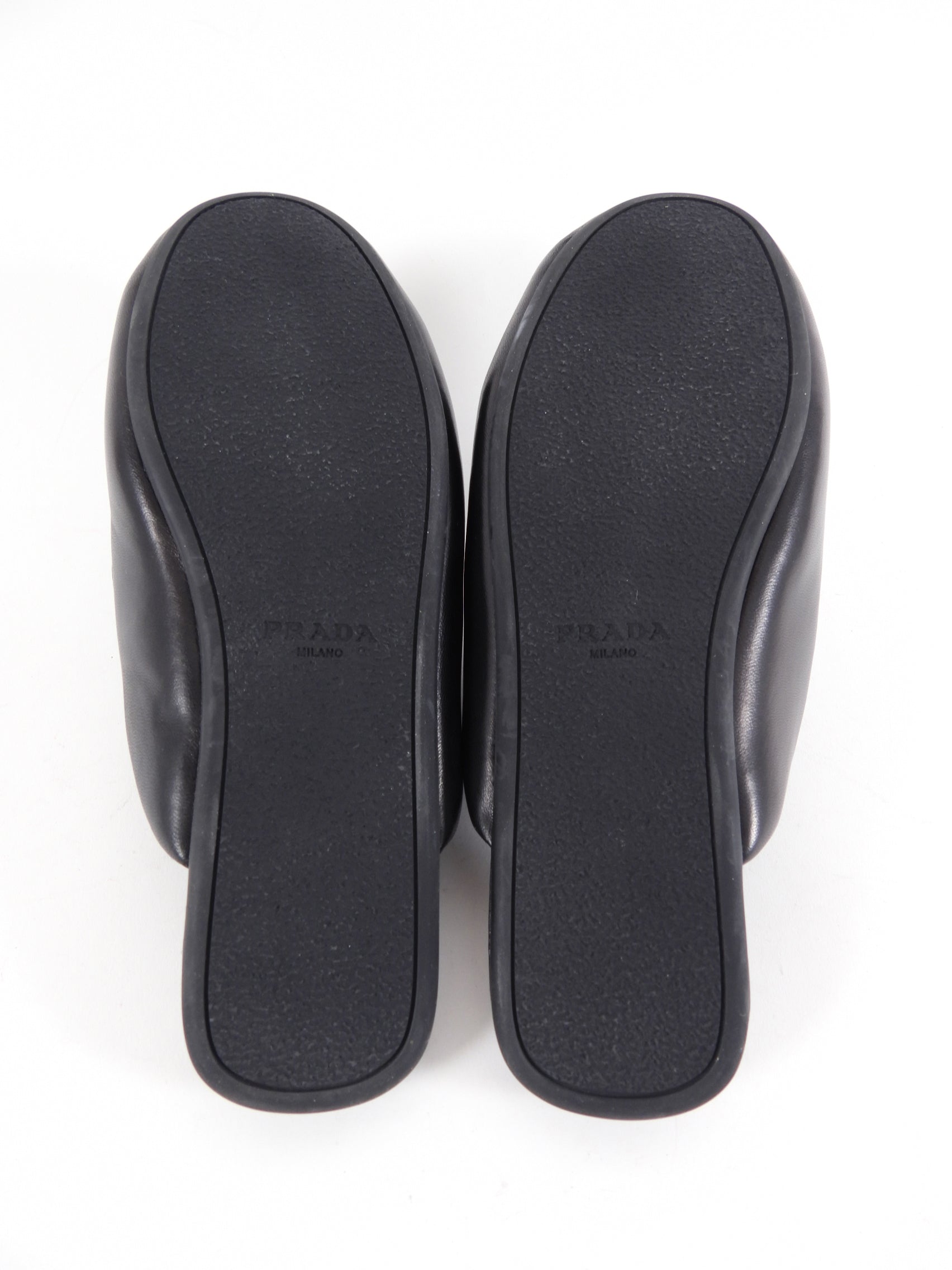 Prada Black Leather Puffy Flat Slide Slippers - 37