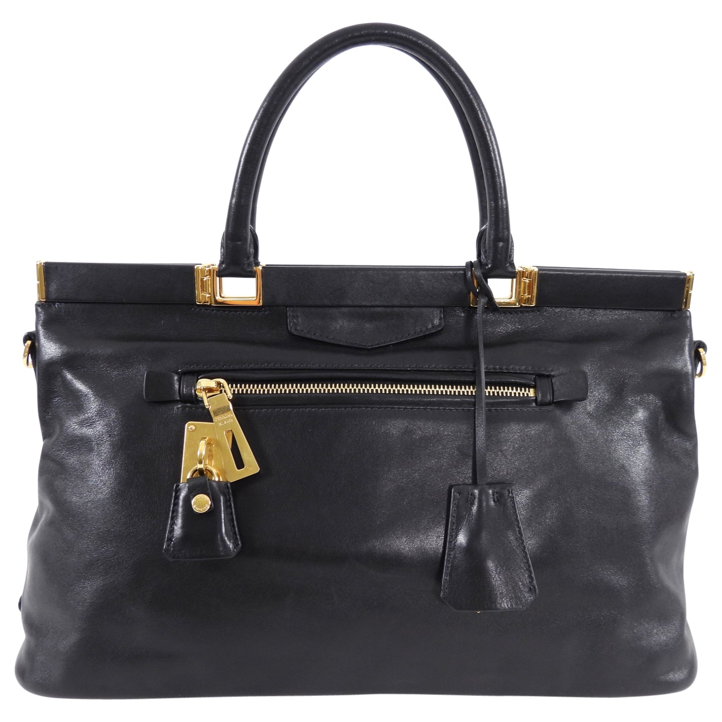 Prada Black Smooth Leather Hinge Frame Tote Bag