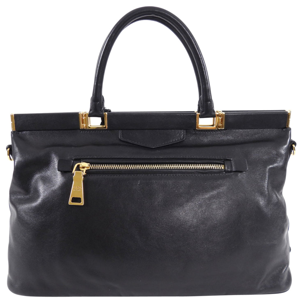 Prada Black Smooth Leather Hinge Frame Tote Bag