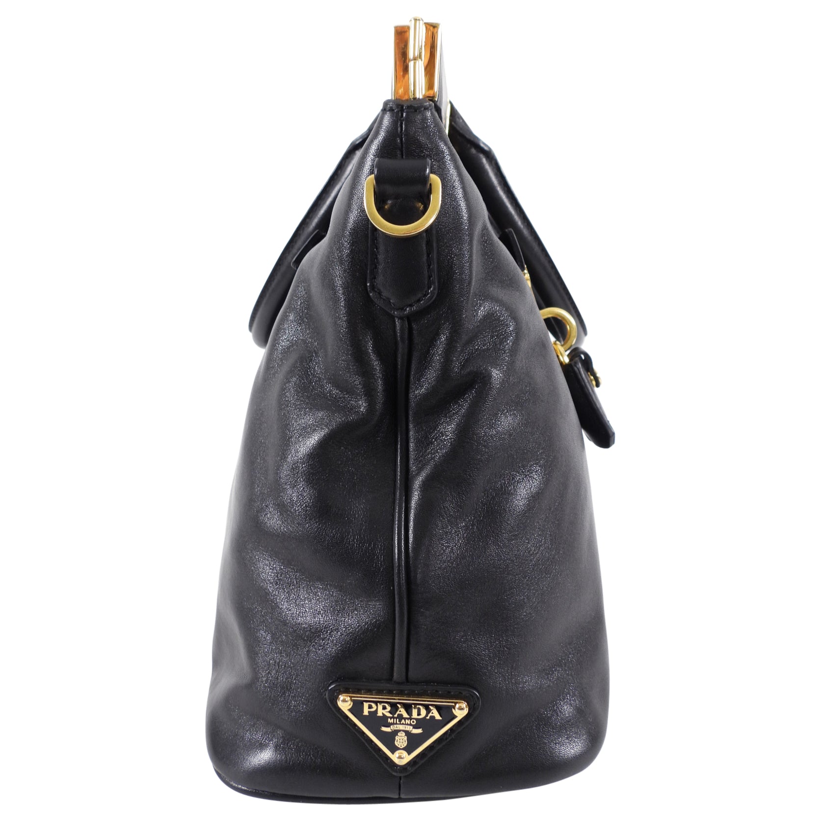 Prada Black Smooth Leather Hinge Frame Tote Bag