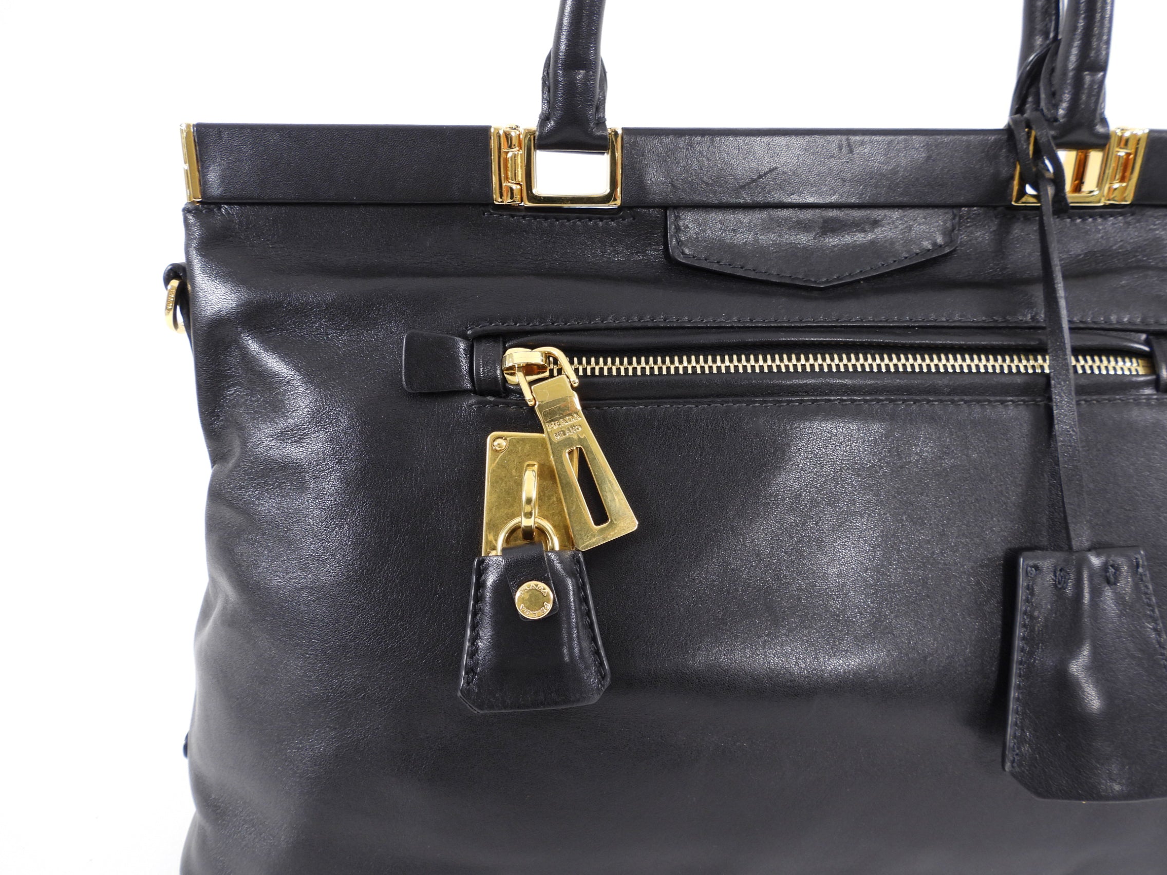 Prada Black Smooth Leather Hinge Frame Tote Bag
