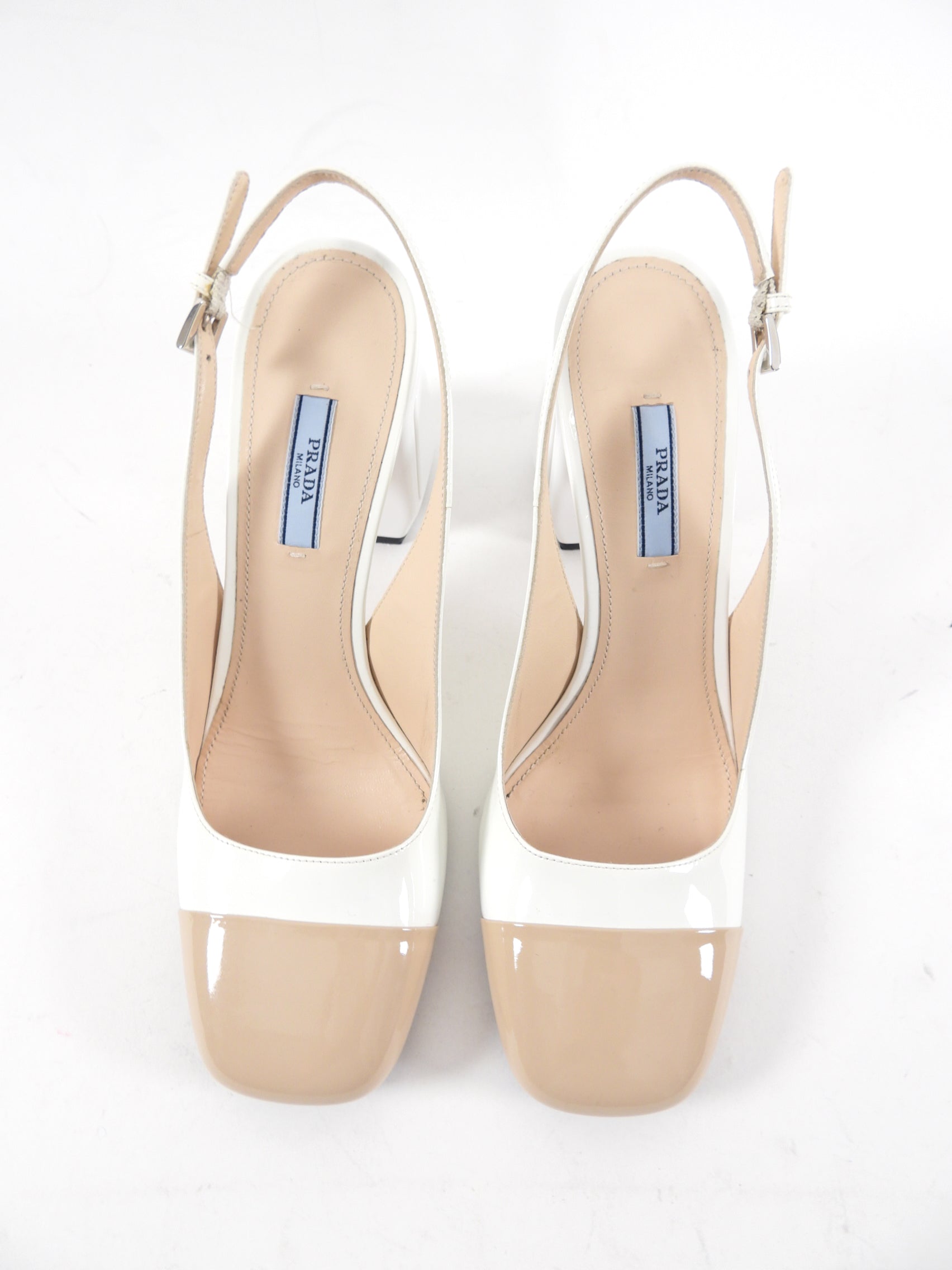 Prada Cap White and Beige Patent Cap Toe Block Heel Slingback - 40.5