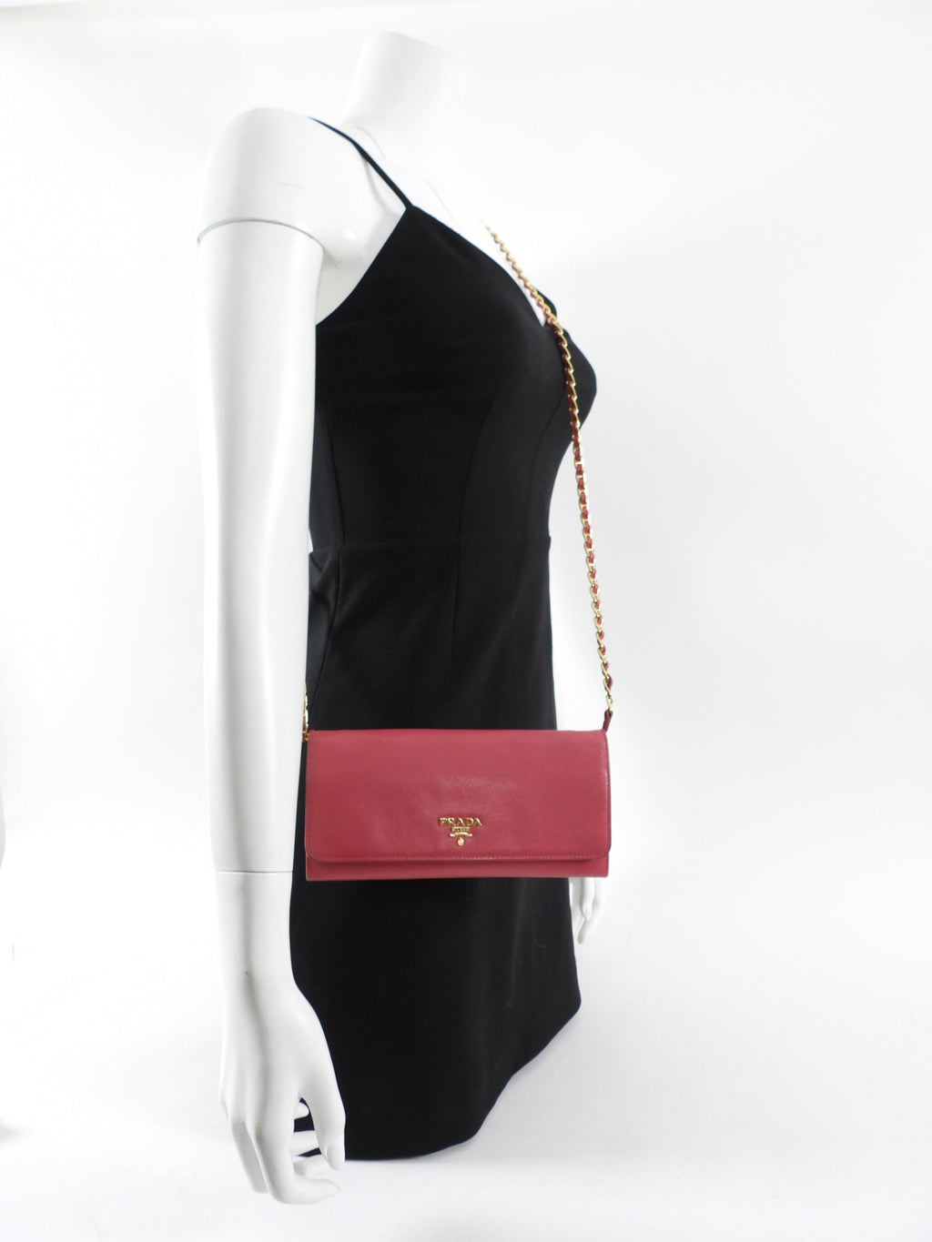 Prada Cherry Pink Saffiano Leather Wallet on Chain Crossbody Bag