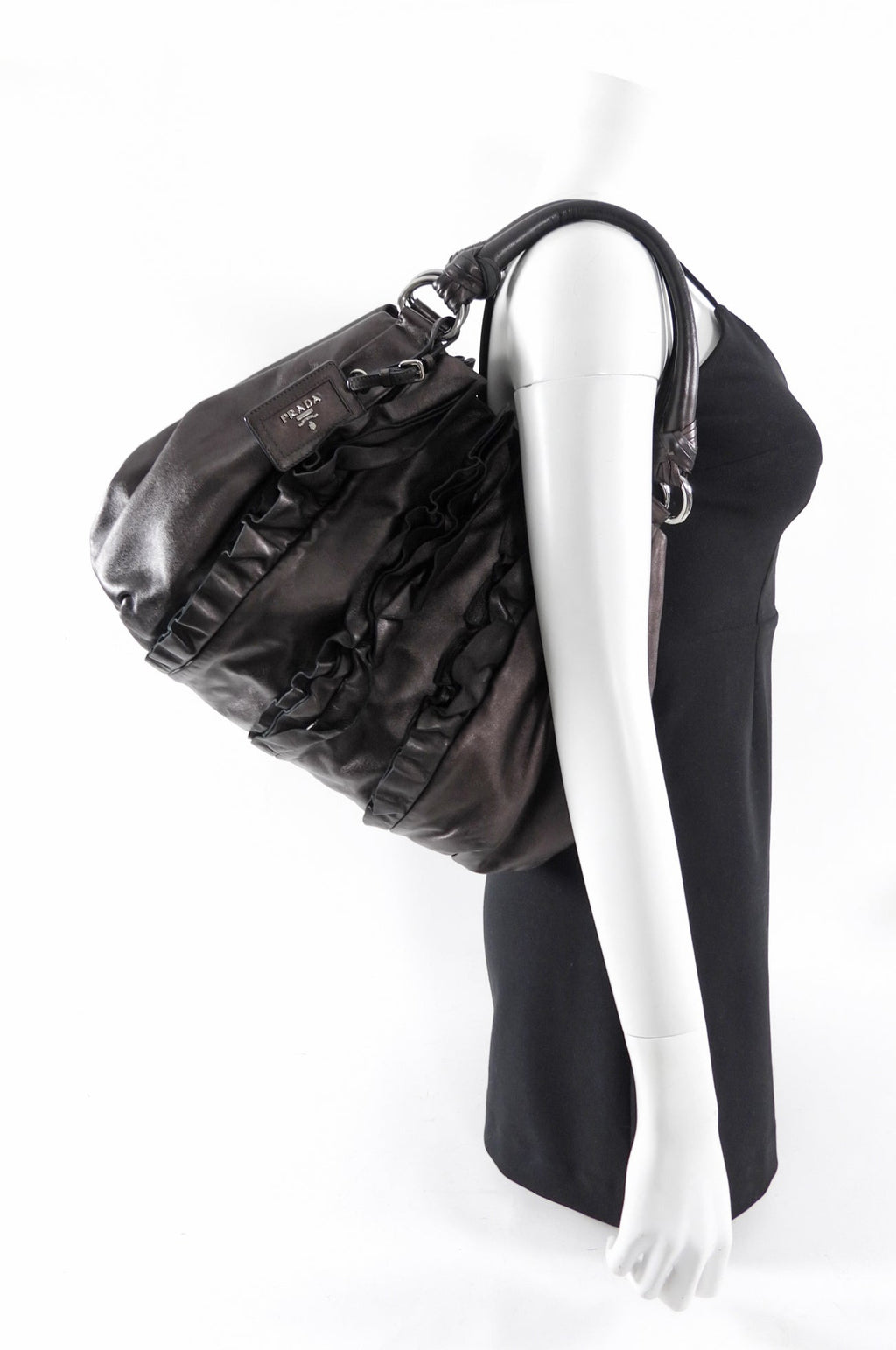 Prada Black / Brown Leather Ruffle Bag