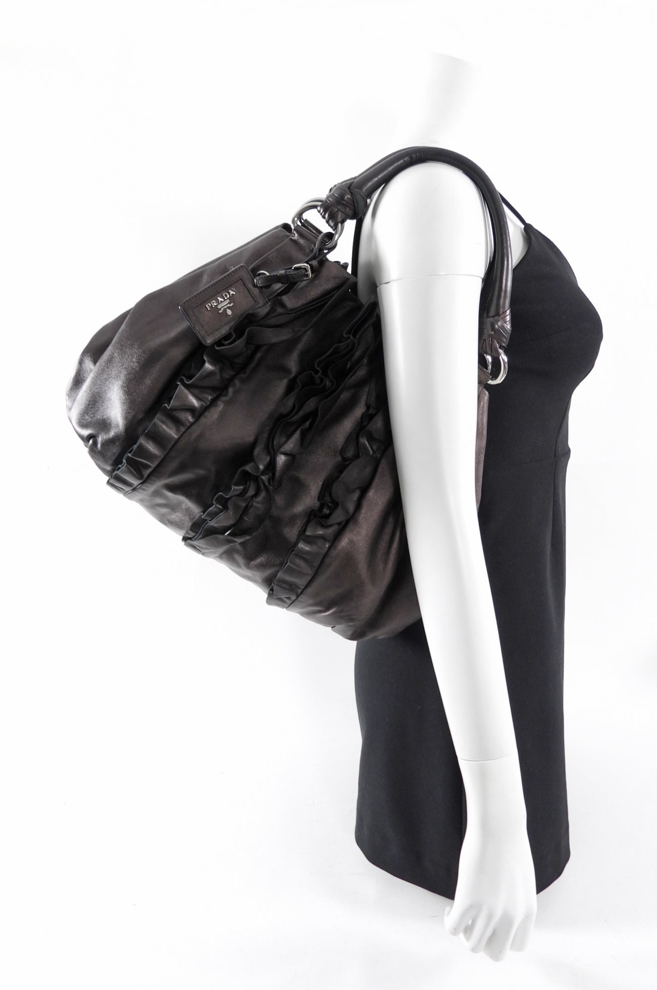 Prada Black / Brown Leather Ruffle Bag
