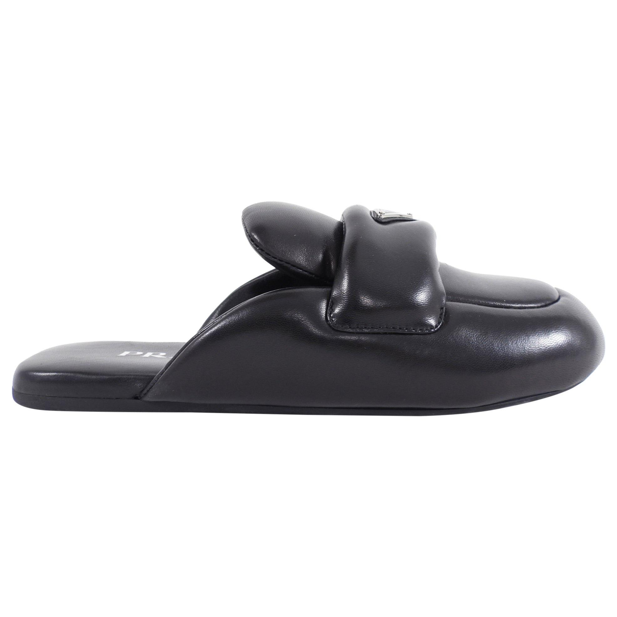 Prada Black Leather Puffy Flat Slide Slippers - 37