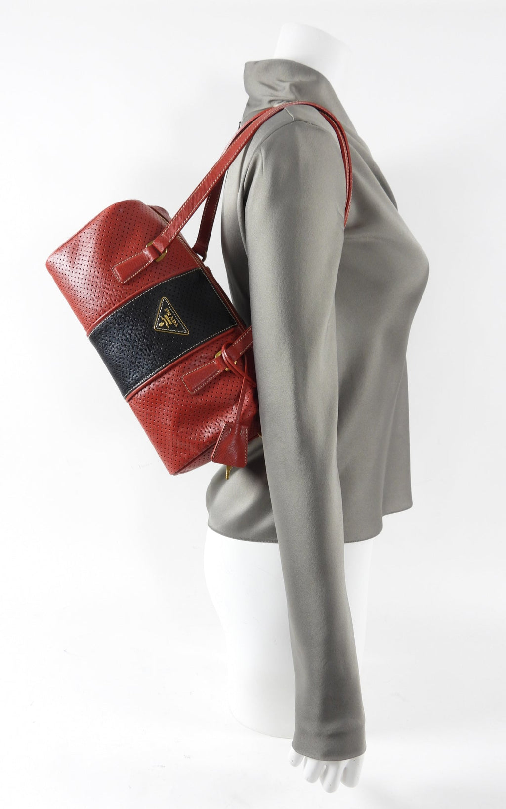 Prada Red and Black Saffiano Fori Small Barrel Bag