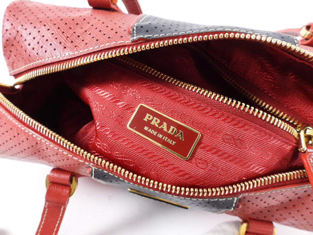Prada Red and Black Saffiano Fori Small Barrel Bag