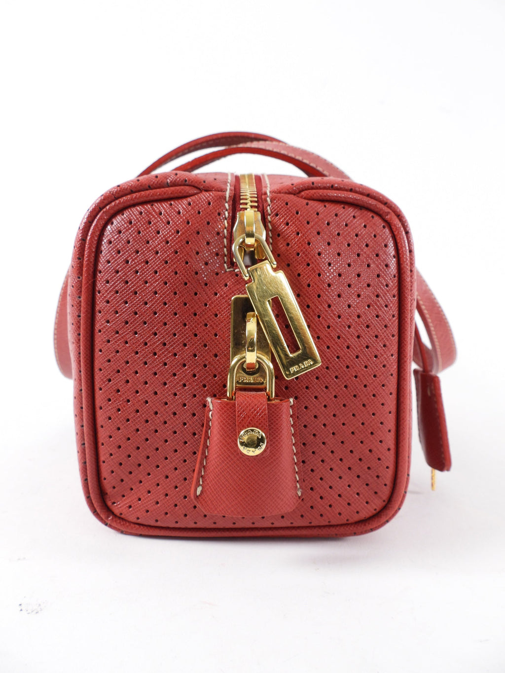 Prada Red and Black Saffiano Fori Small Barrel Bag