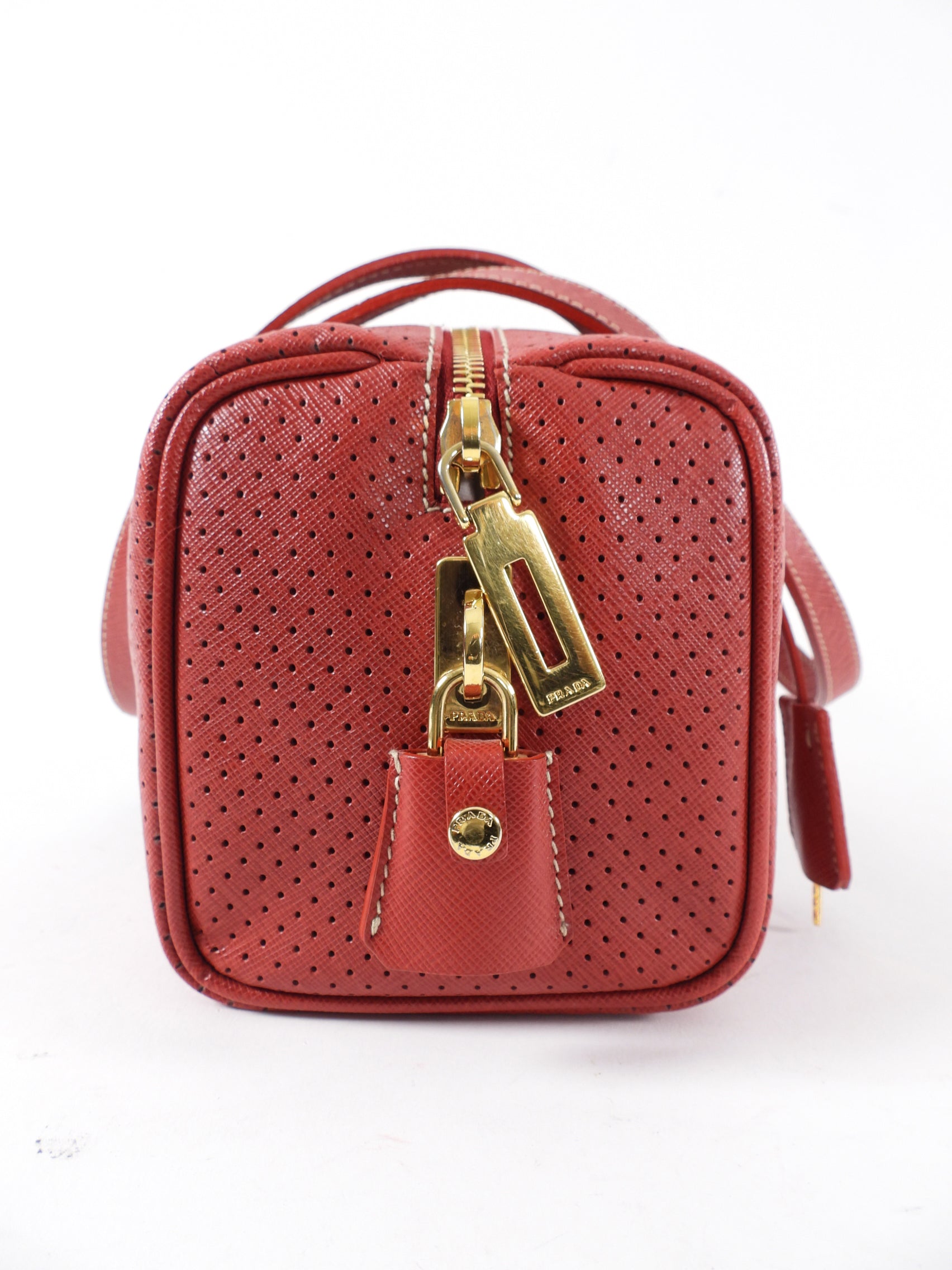 Prada Red and Black Saffiano Fori Small Barrel Bag