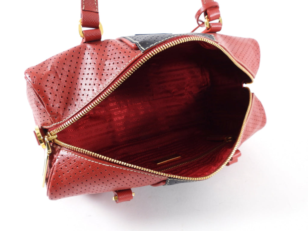 Prada Red and Black Saffiano Fori Small Barrel Bag