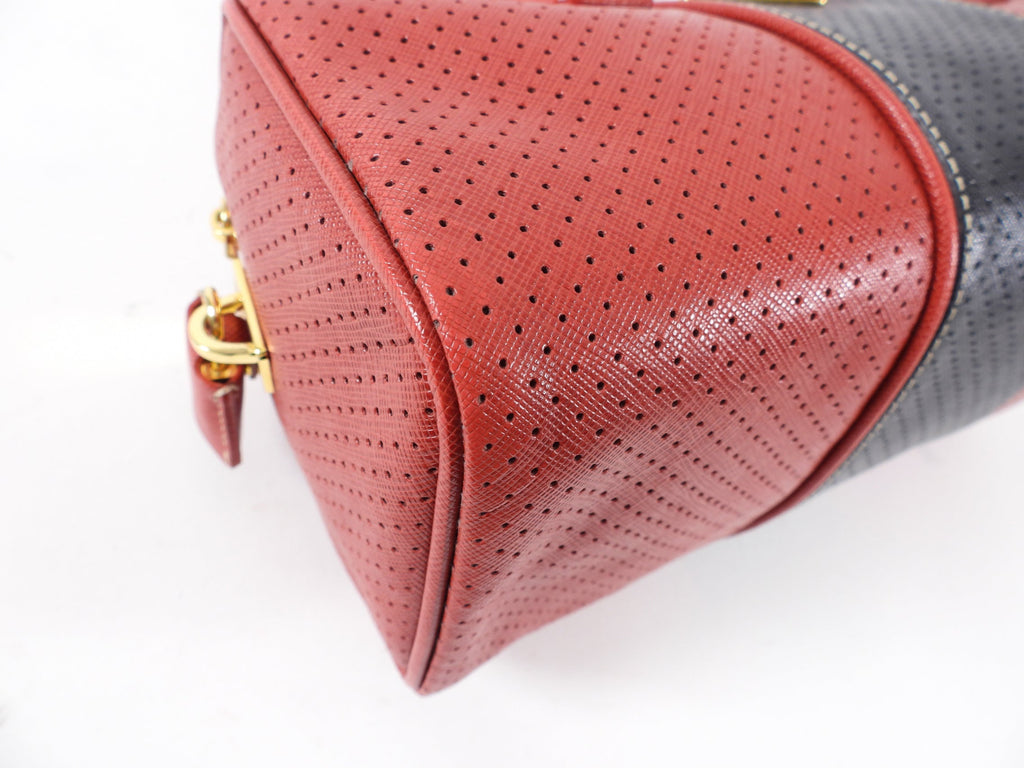 Prada Red and Black Saffiano Fori Small Barrel Bag