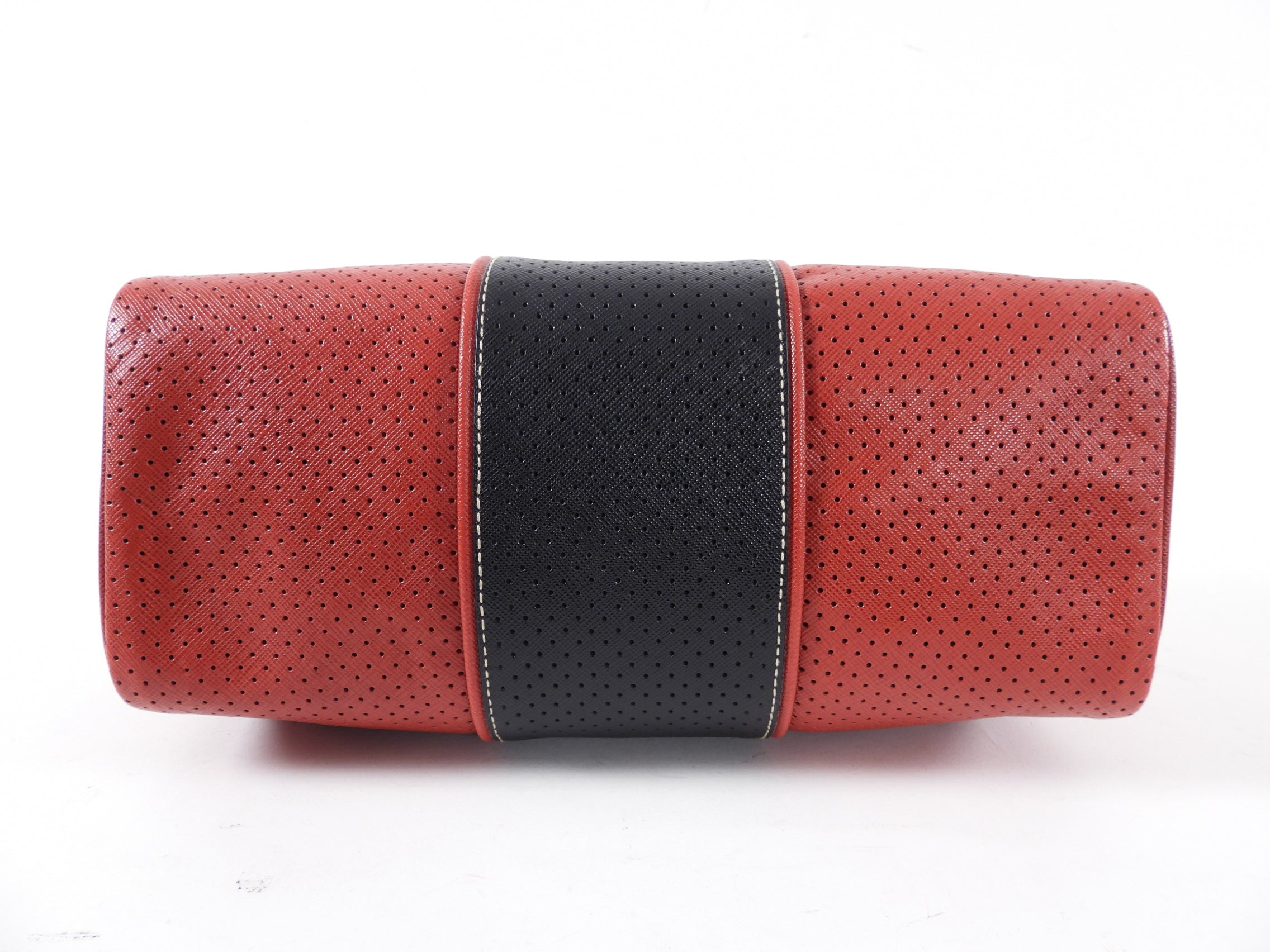 Prada Red and Black Saffiano Fori Small Barrel Bag