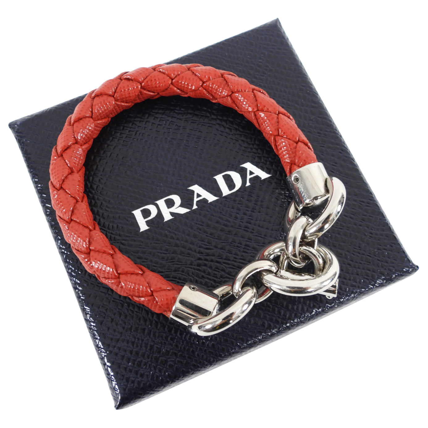 Prada Red Saffiano Leather Braided Toggle Bracelet