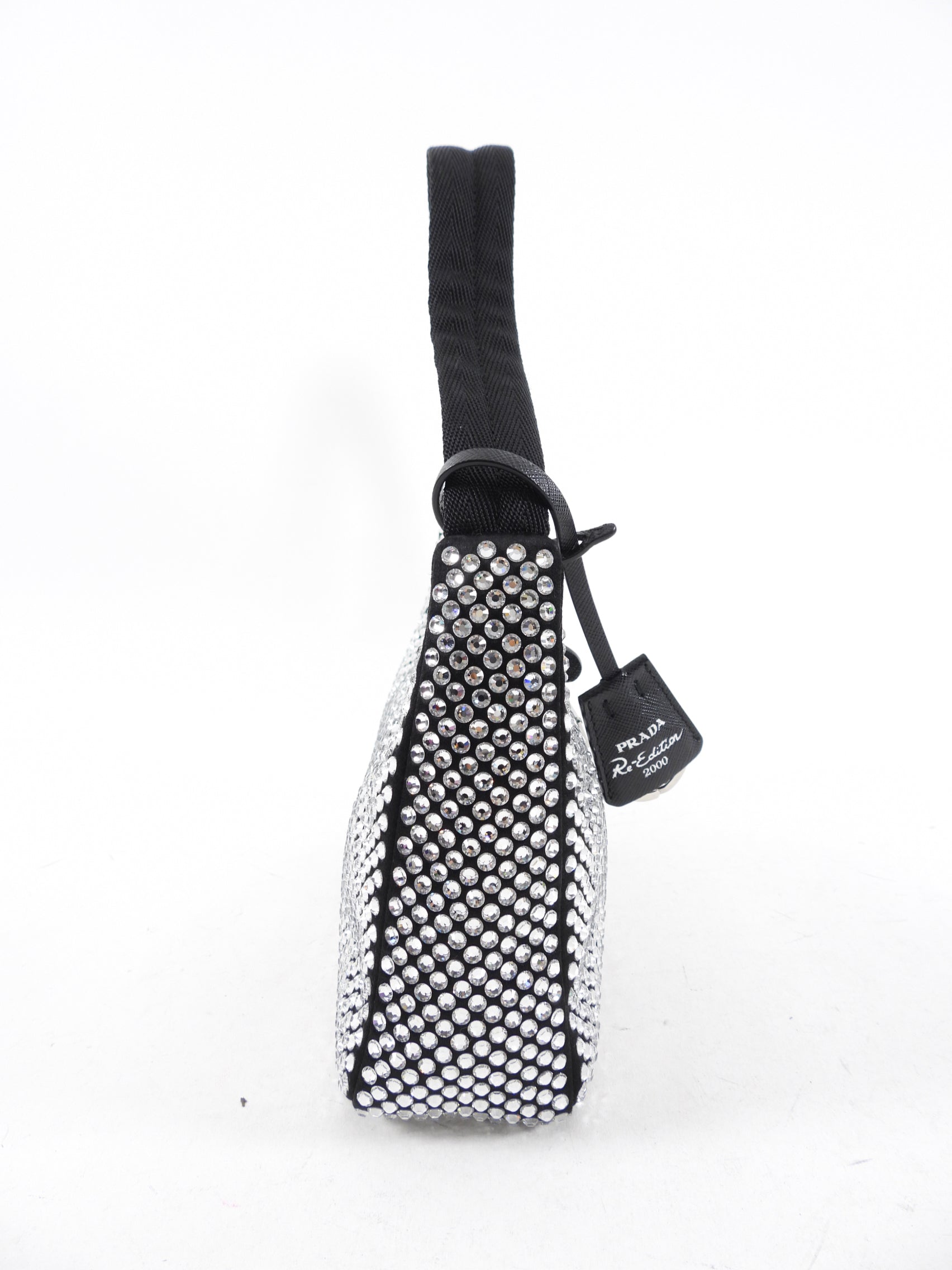 Prada Black and Clear Crystal Embellished Re-Edition Mini Hobo Bag