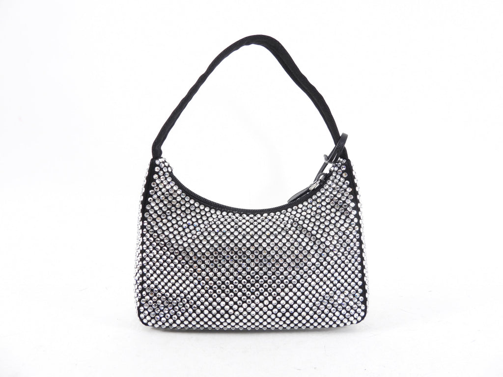 Prada Black and Clear Crystal Embellished Re-Edition Mini Hobo Bag