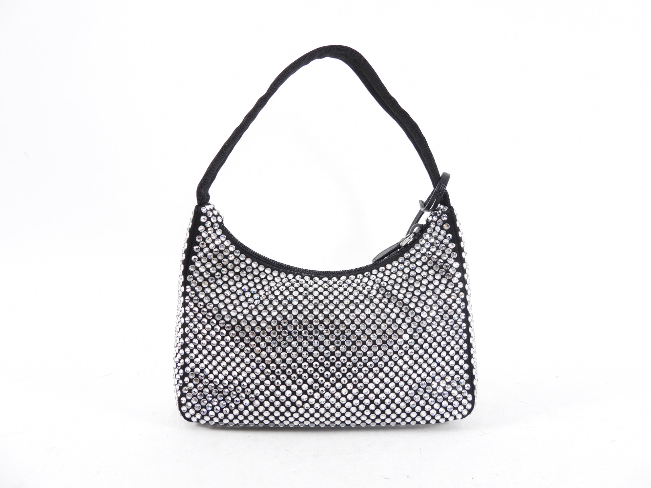 Prada Black and Clear Crystal Embellished Re-Edition Mini Hobo Bag