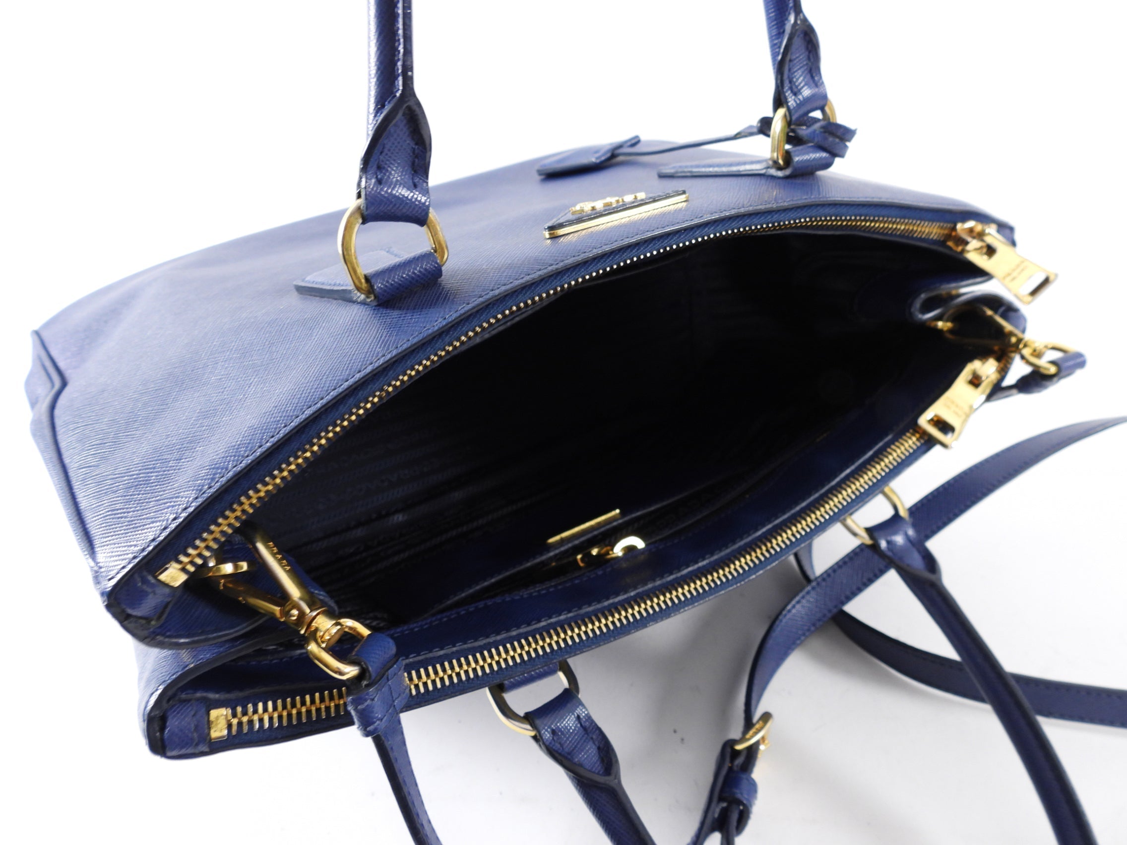 Prada Dark Blue Saffiano Leather Galleria Double Zip Large Tote Bag