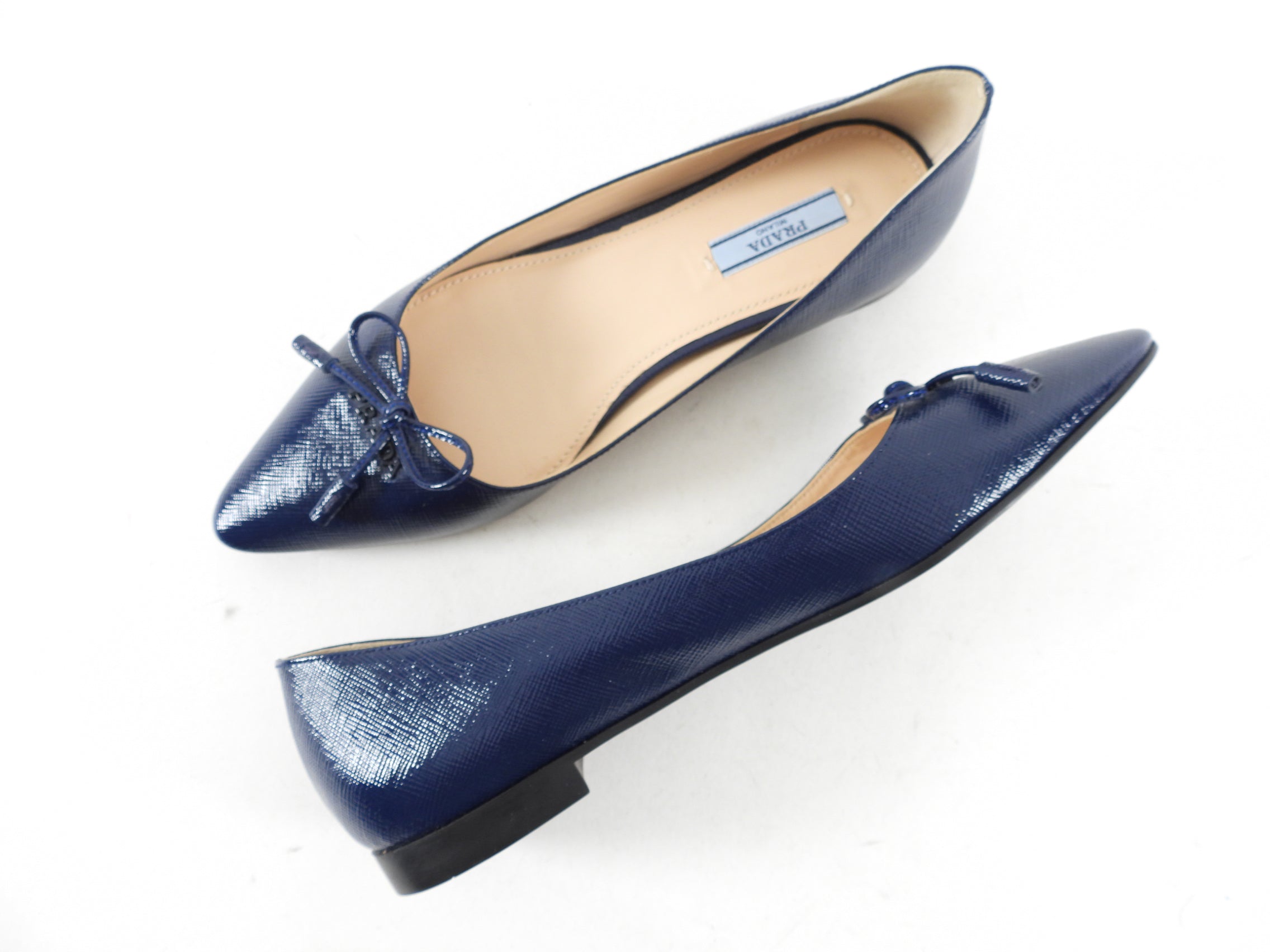 Prada Saffiano Leather Navy Blue Flat Shoes - 36