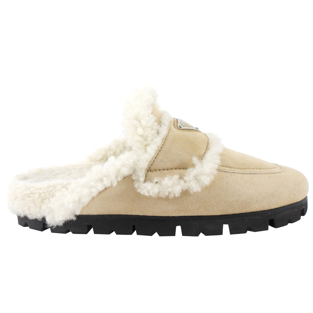 Prada Beige Shearling Slipper Slides - 37
