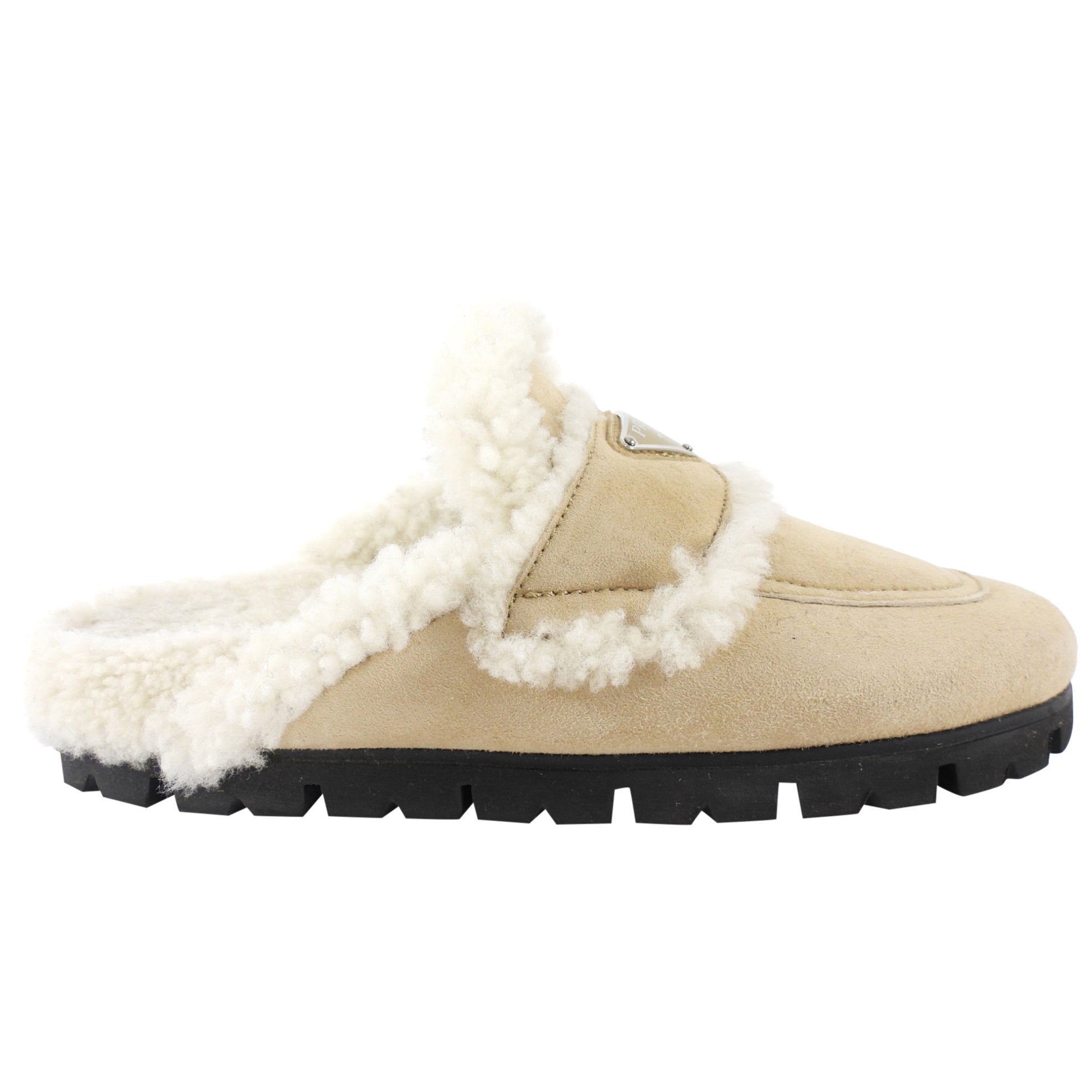 Prada Beige Shearling Slipper Slides - 37