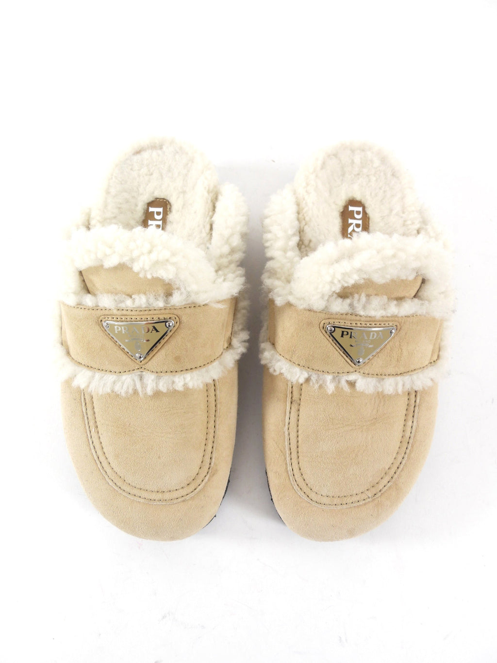 Prada Beige Shearling Slipper Slides - 37