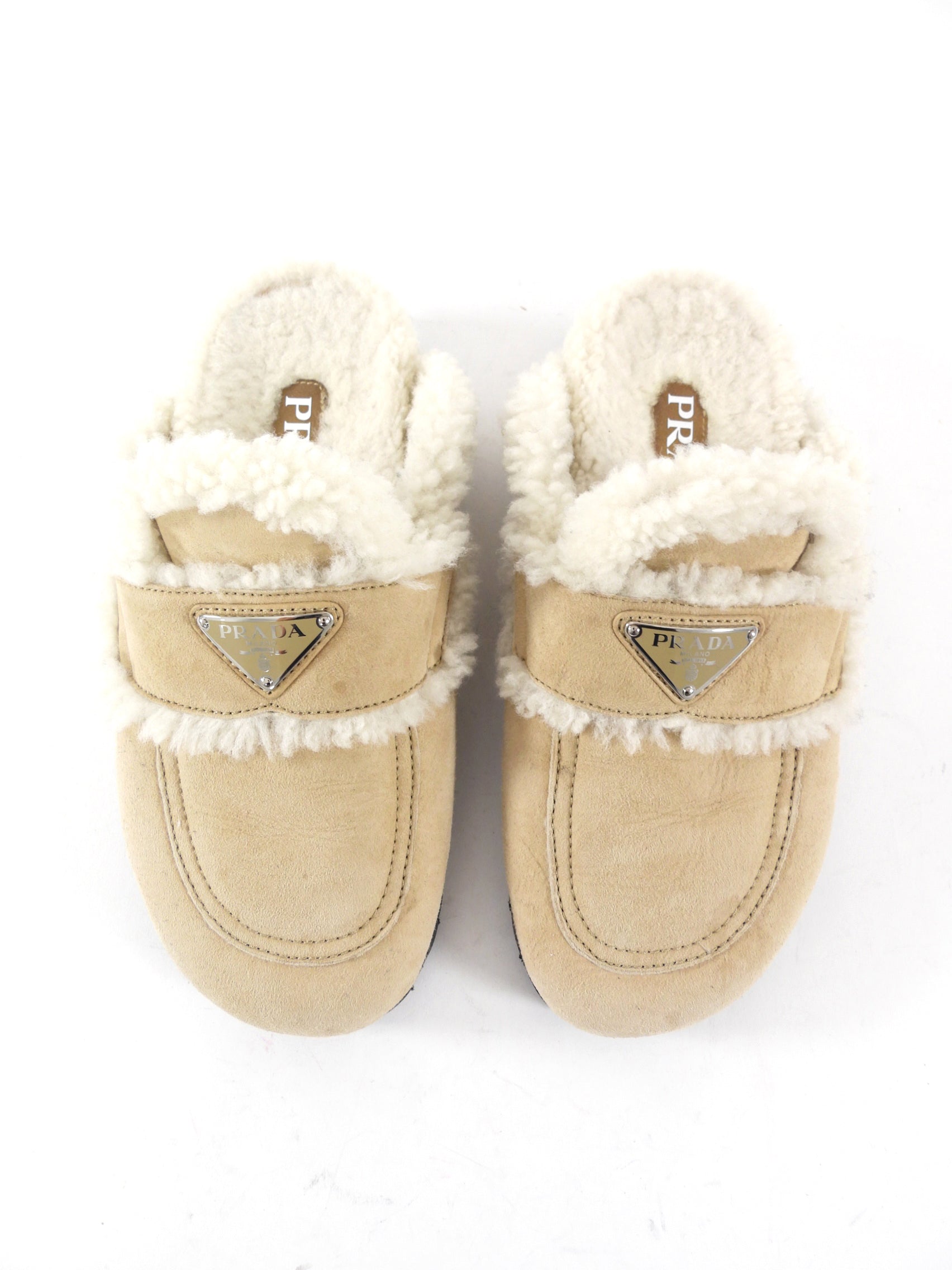 Prada Beige Shearling Slipper Slides - 37