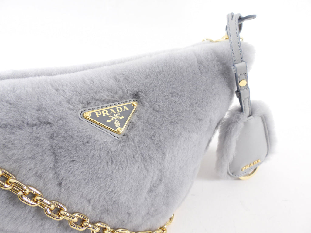 Prada Light Grey Shearling and Gold Chain Mini Re-Edition Triangle Bag