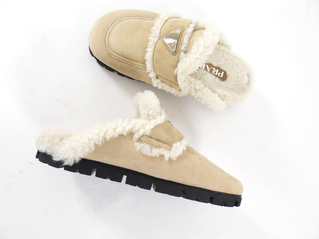 Prada Beige Shearling Slipper Slides - 37