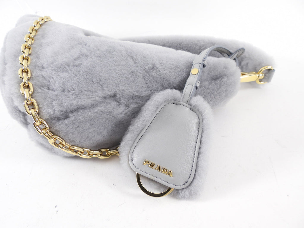 Prada Light Grey Shearling and Gold Chain Mini Re-Edition Triangle Bag