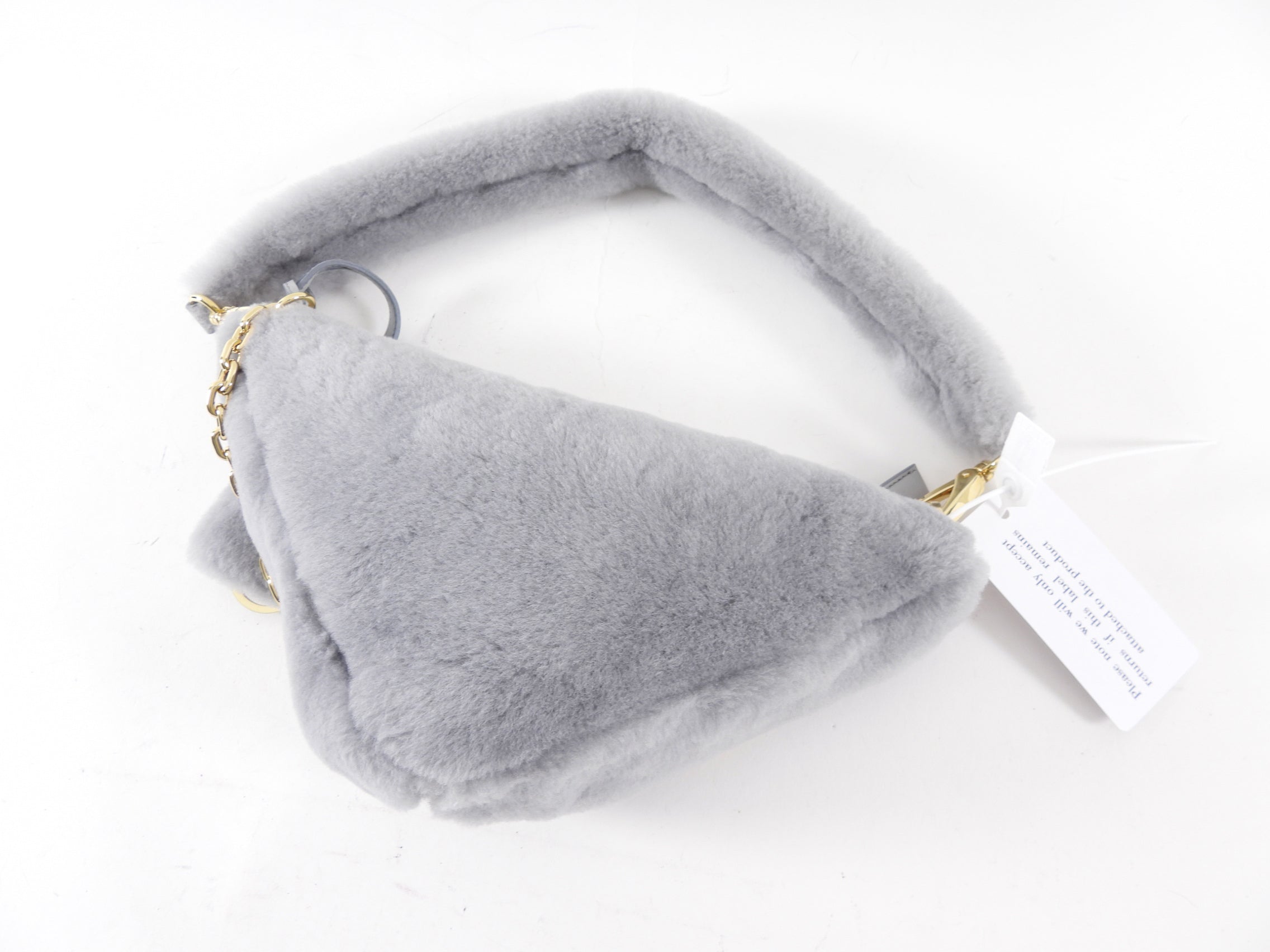 Prada Light Grey Shearling and Gold Chain Mini Re-Edition Triangle Bag