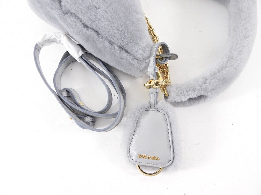 Prada Light Grey Shearling and Gold Chain Mini Re-Edition Triangle Bag