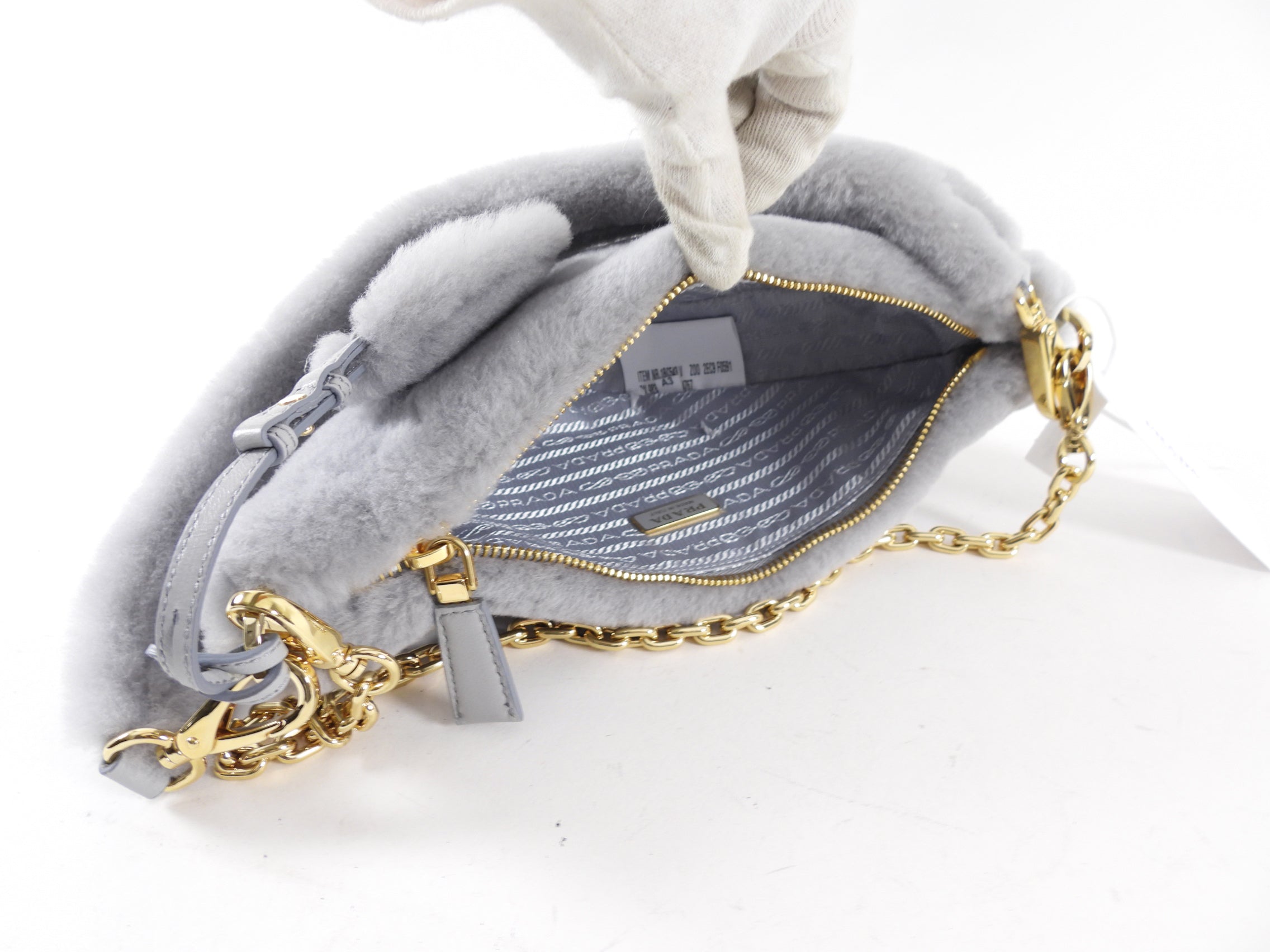 Prada Light Grey Shearling and Gold Chain Mini Re-Edition Triangle Bag