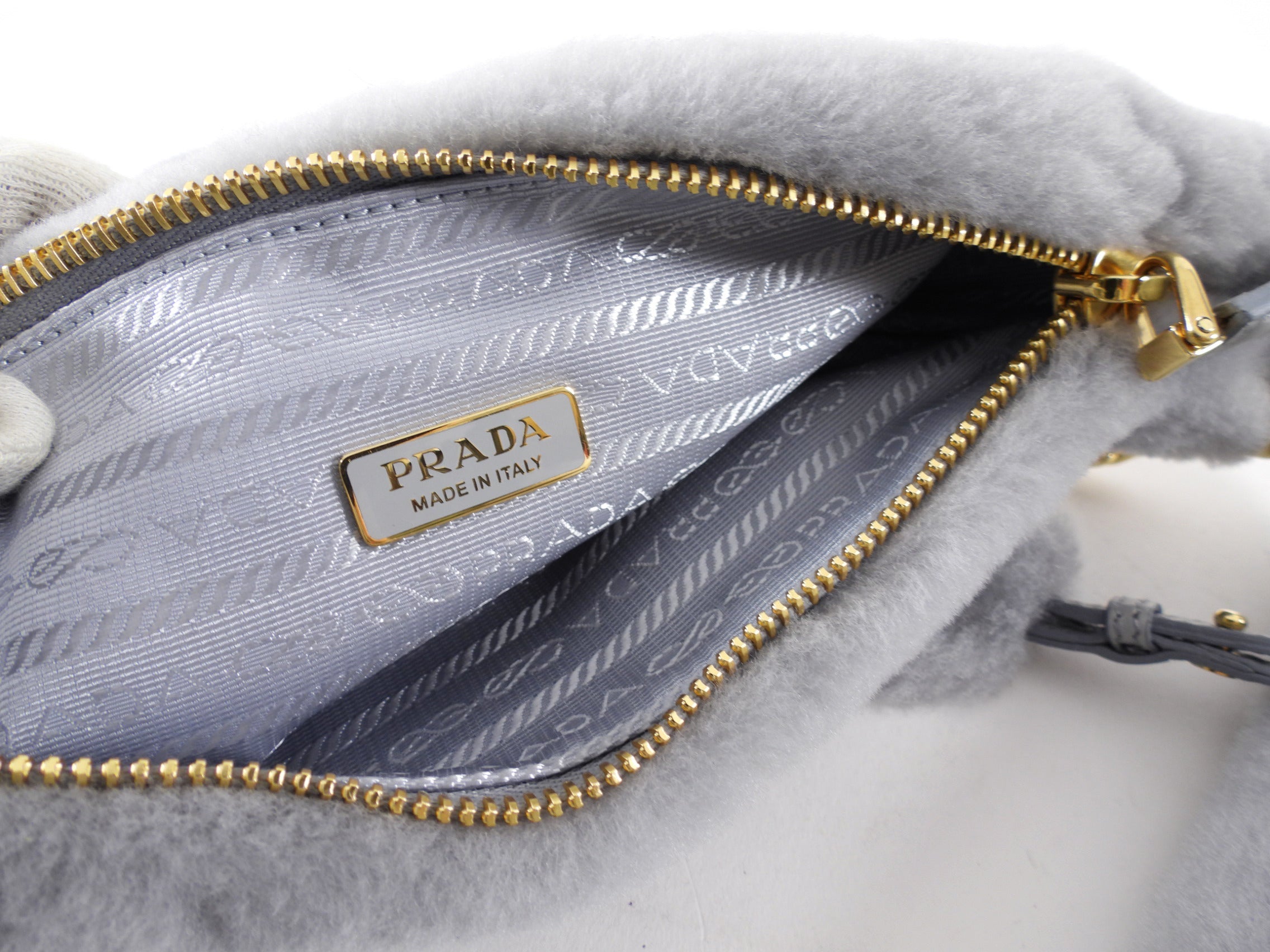 Prada Light Grey Shearling and Gold Chain Mini Re-Edition Triangle Bag