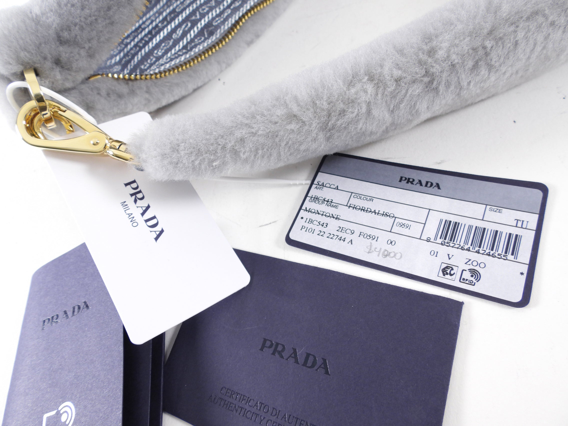 Prada Light Grey Shearling and Gold Chain Mini Re-Edition Triangle Bag