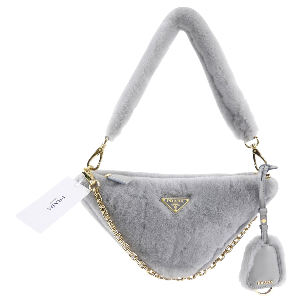Prada Light Grey Shearling and Gold Chain Mini Re-Edition Triangle Bag