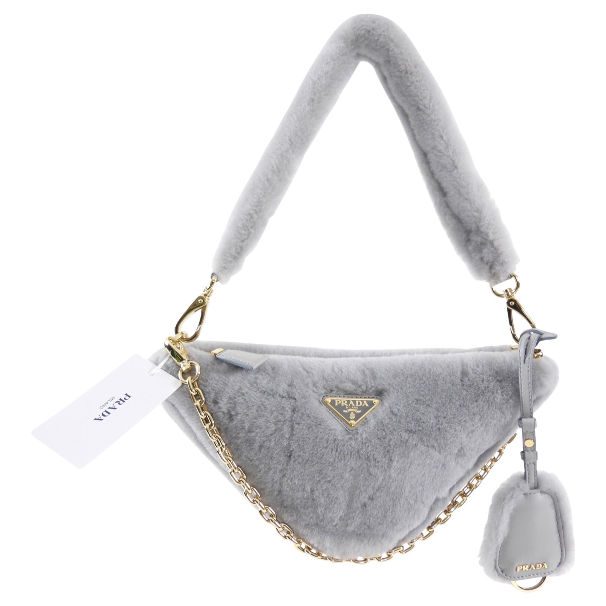 Prada Light Grey Shearling and Gold Chain Mini Re-Edition Triangle Bag