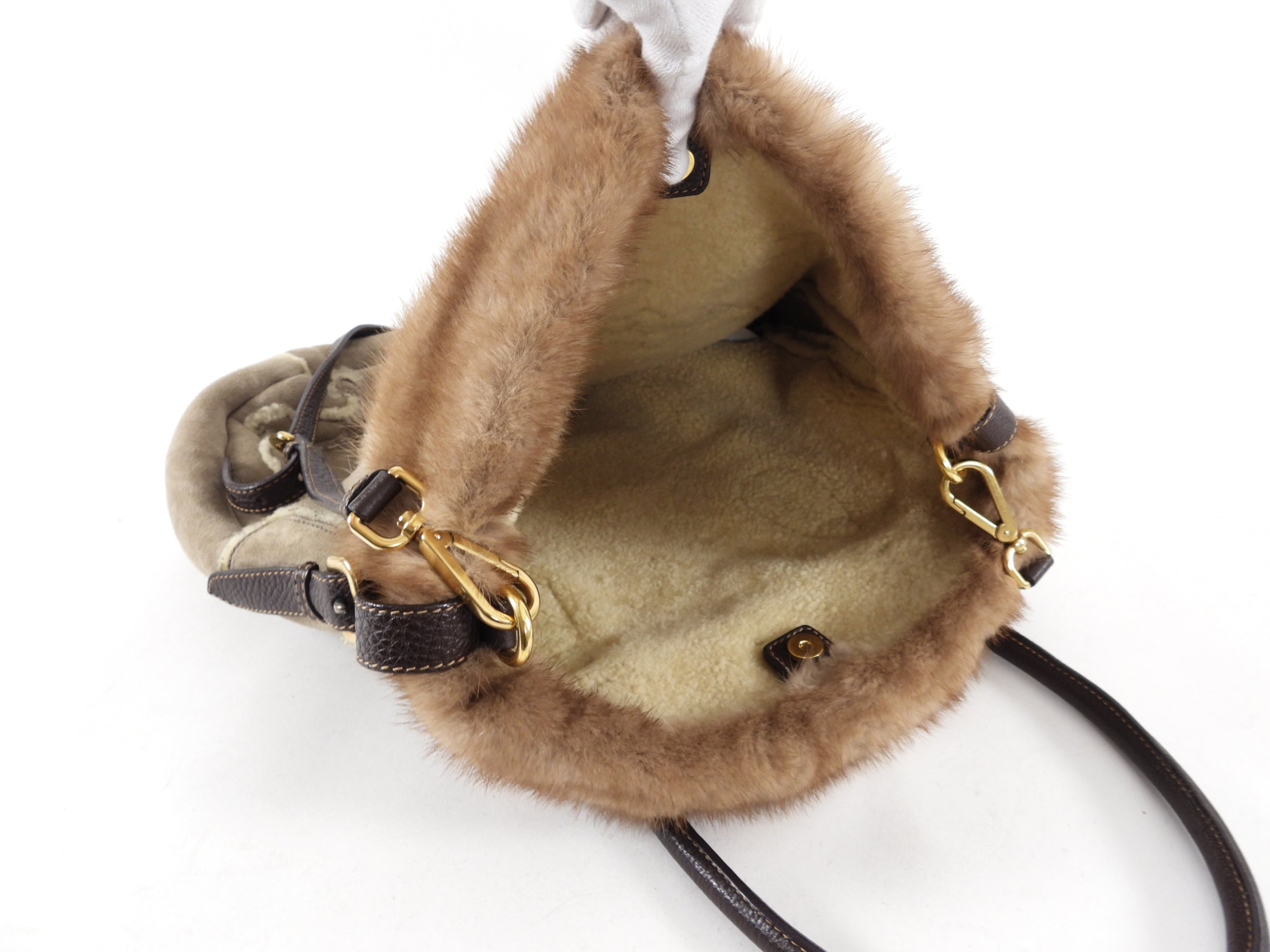 Prada Taupe Shearling Two-Way Fur Trim Bag