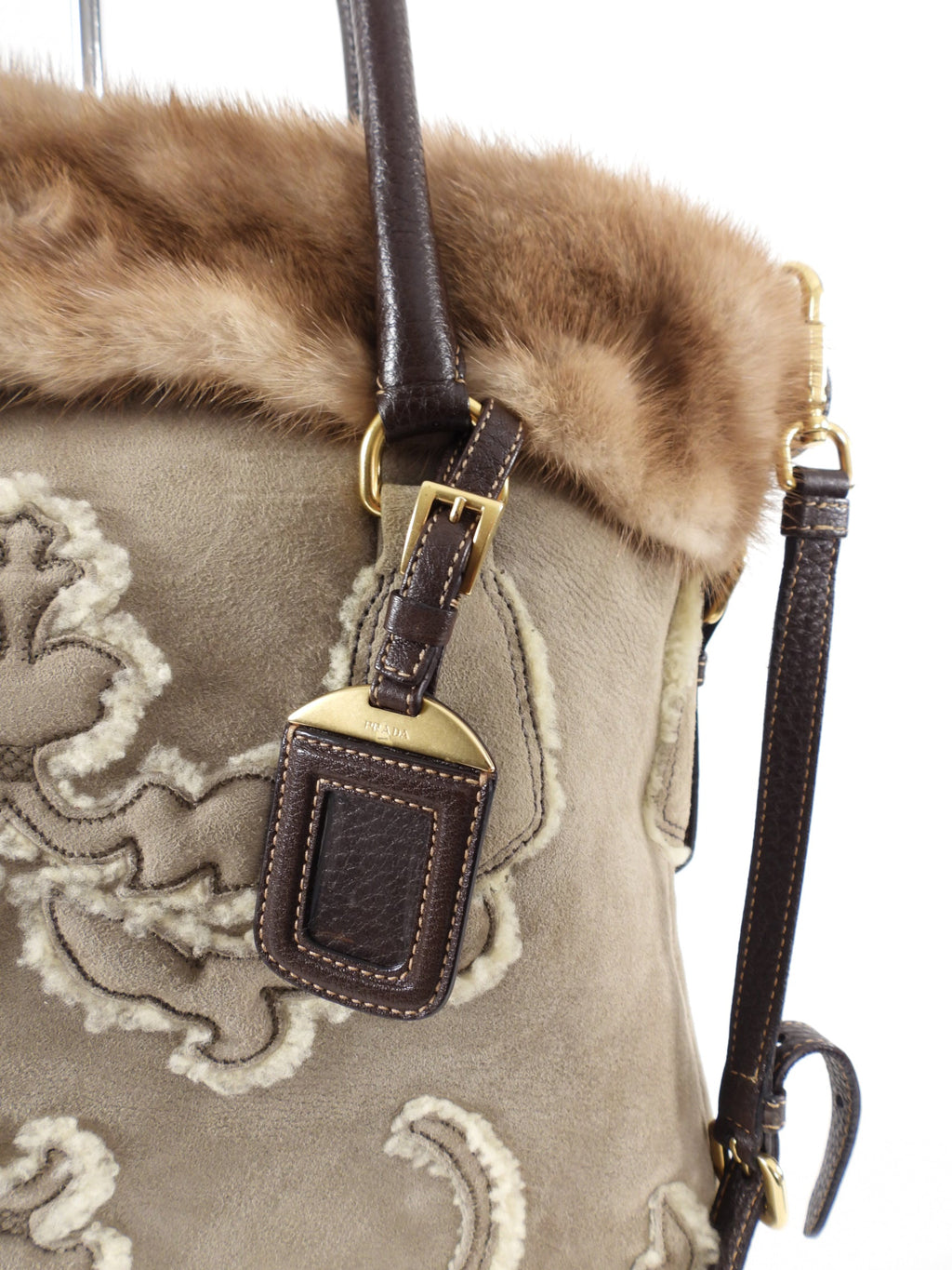 Prada Taupe Shearling Two-Way Fur Trim Bag