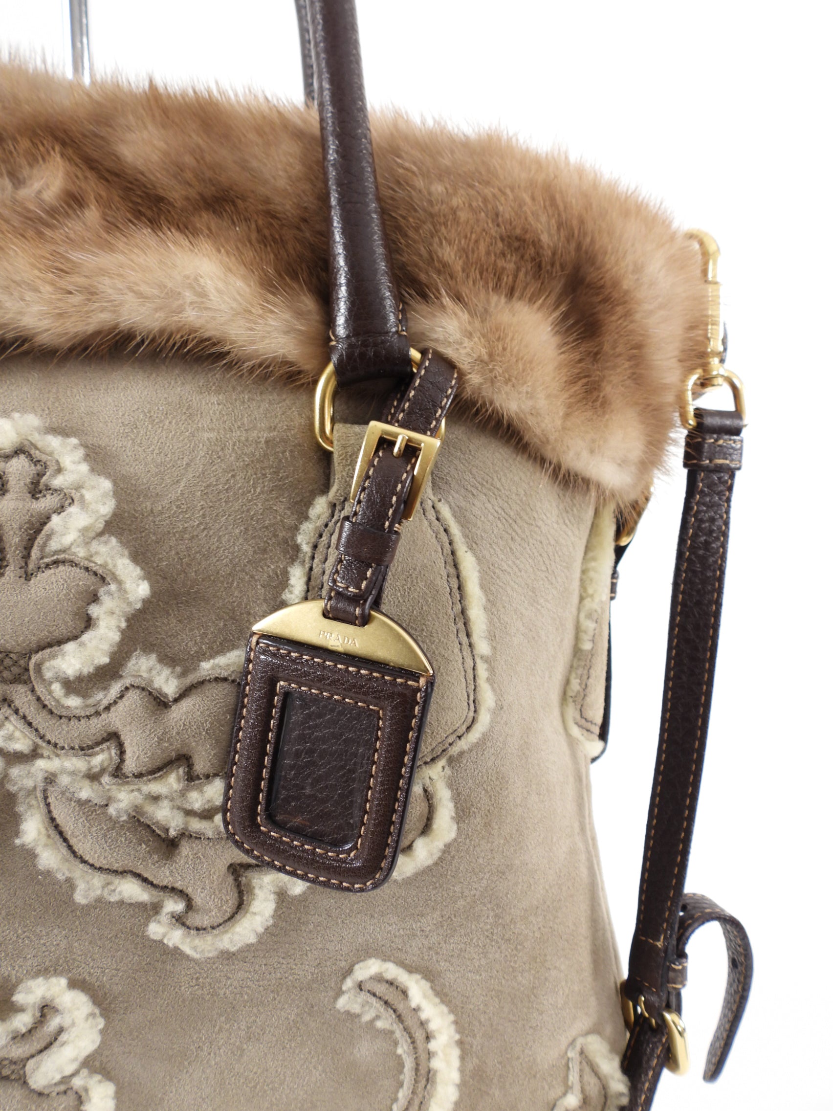 Prada Taupe Shearling Two-Way Fur Trim Bag
