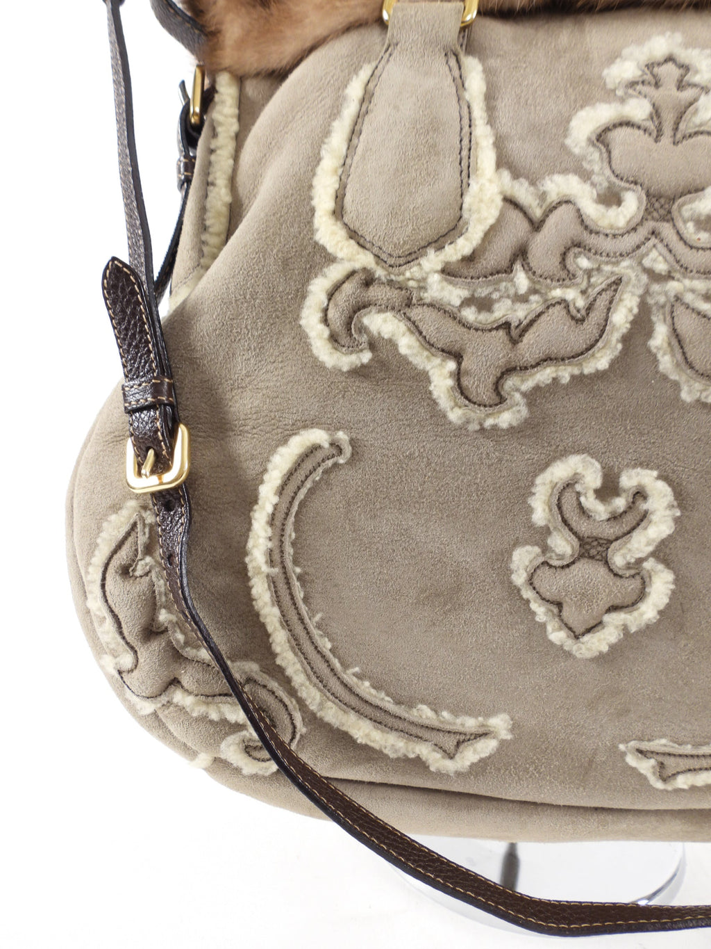 Prada Taupe Shearling Two-Way Fur Trim Bag