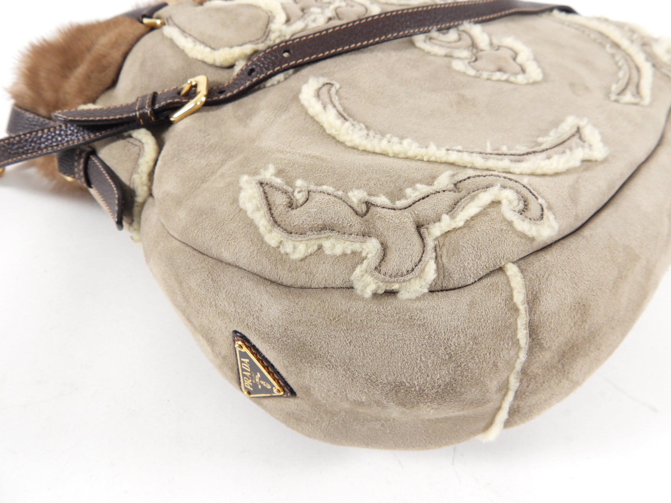 Prada Taupe Shearling Two-Way Fur Trim Bag