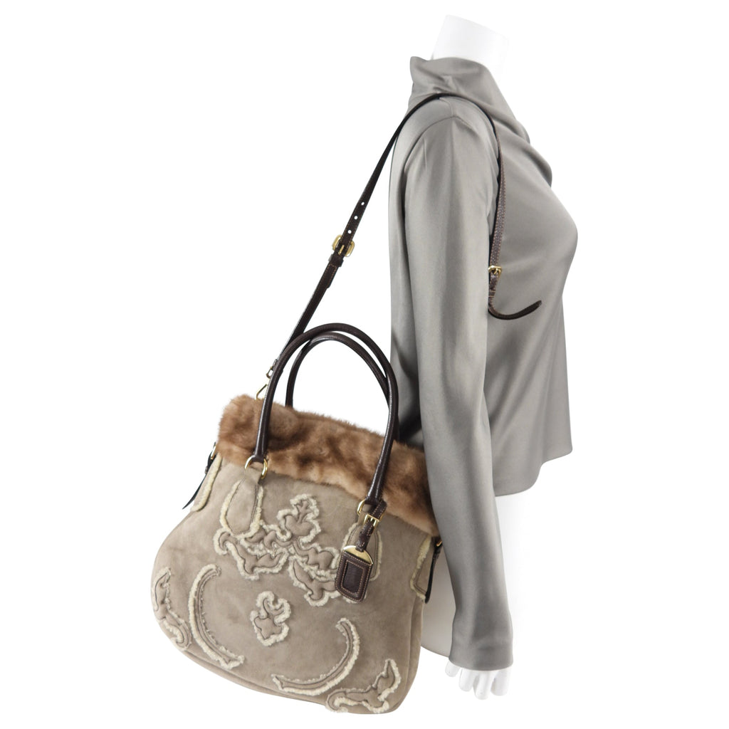 Prada Taupe Shearling Two-Way Fur Trim Bag