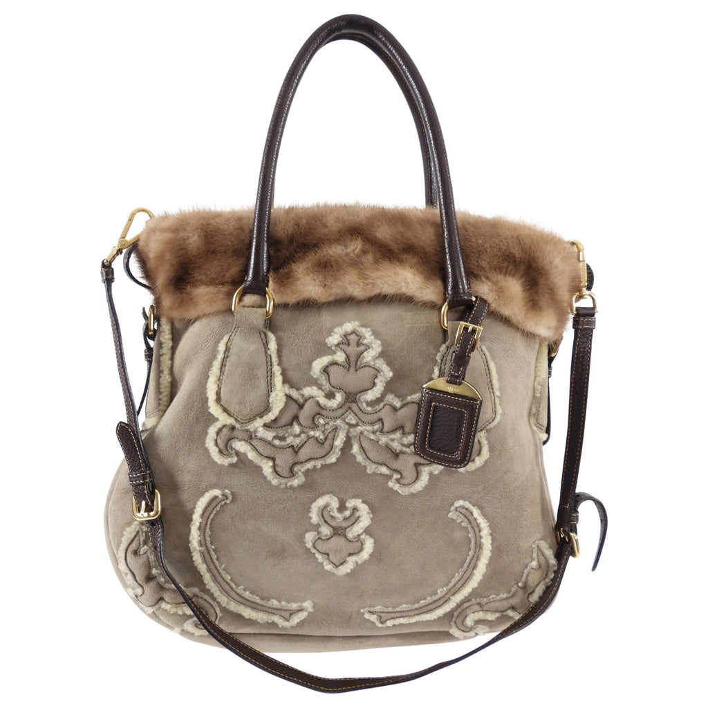 Prada Taupe Shearling Two-Way Fur Trim Bag