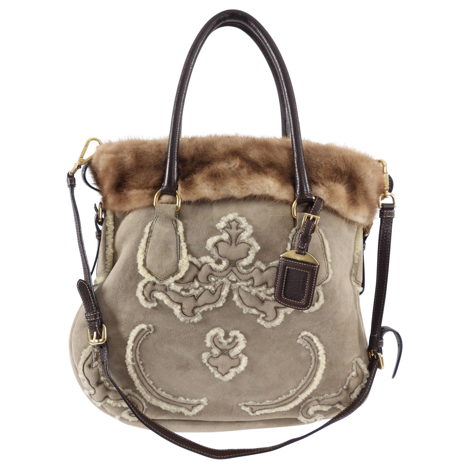 Prada Taupe Shearling Two-Way Fur Trim Bag