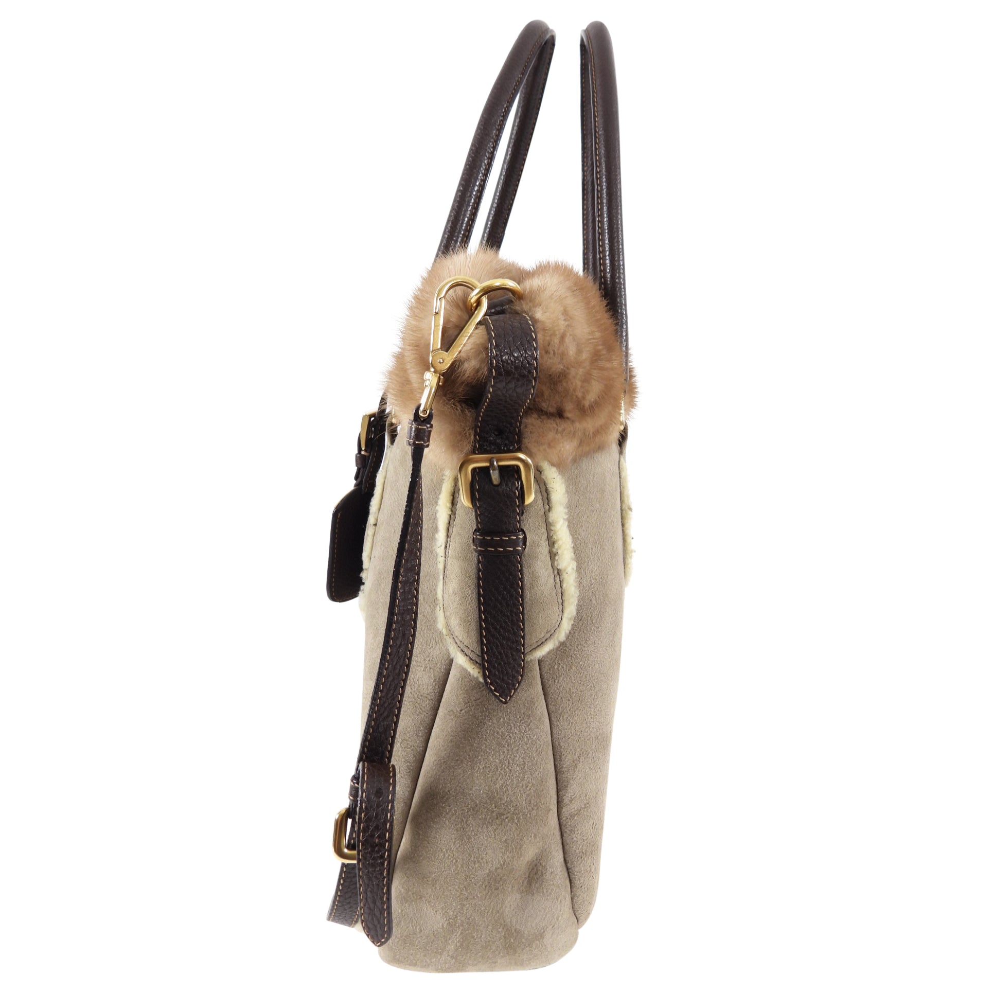 Prada Taupe Shearling Two-Way Fur Trim Bag