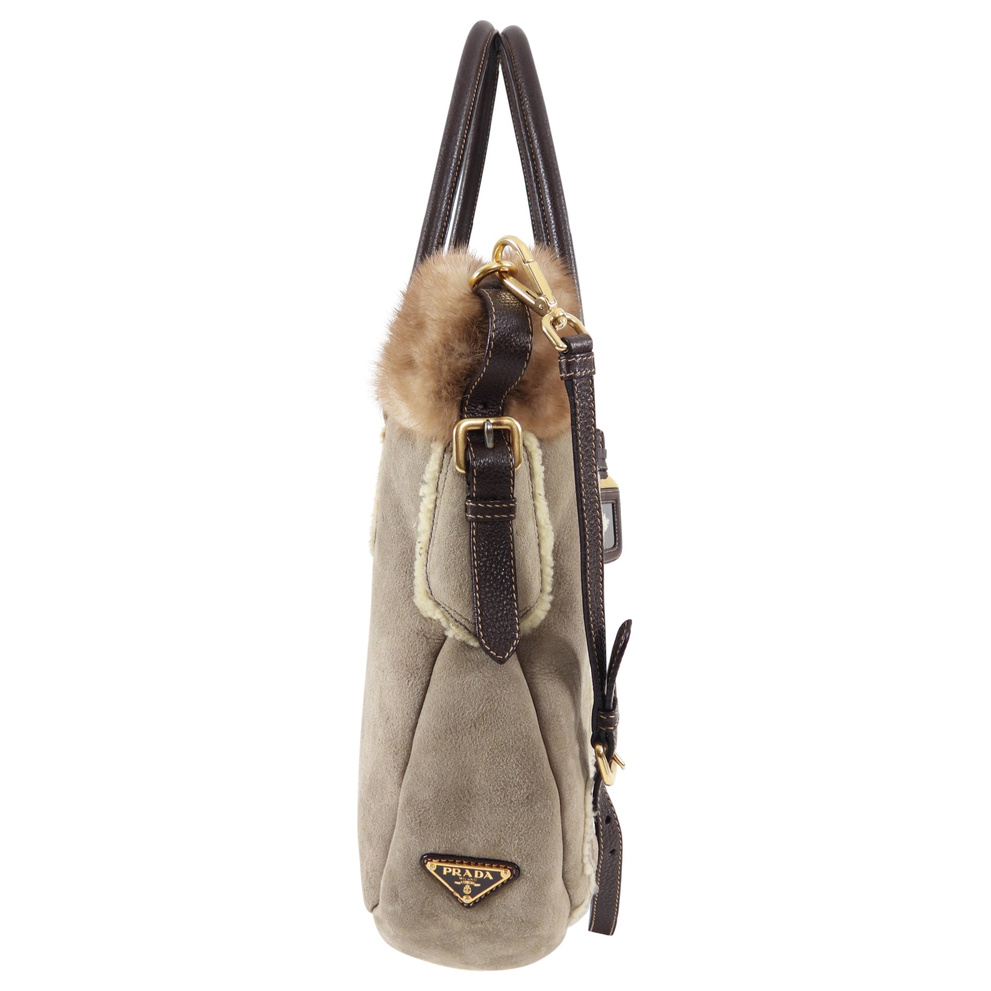 Prada Taupe Shearling Two-Way Fur Trim Bag