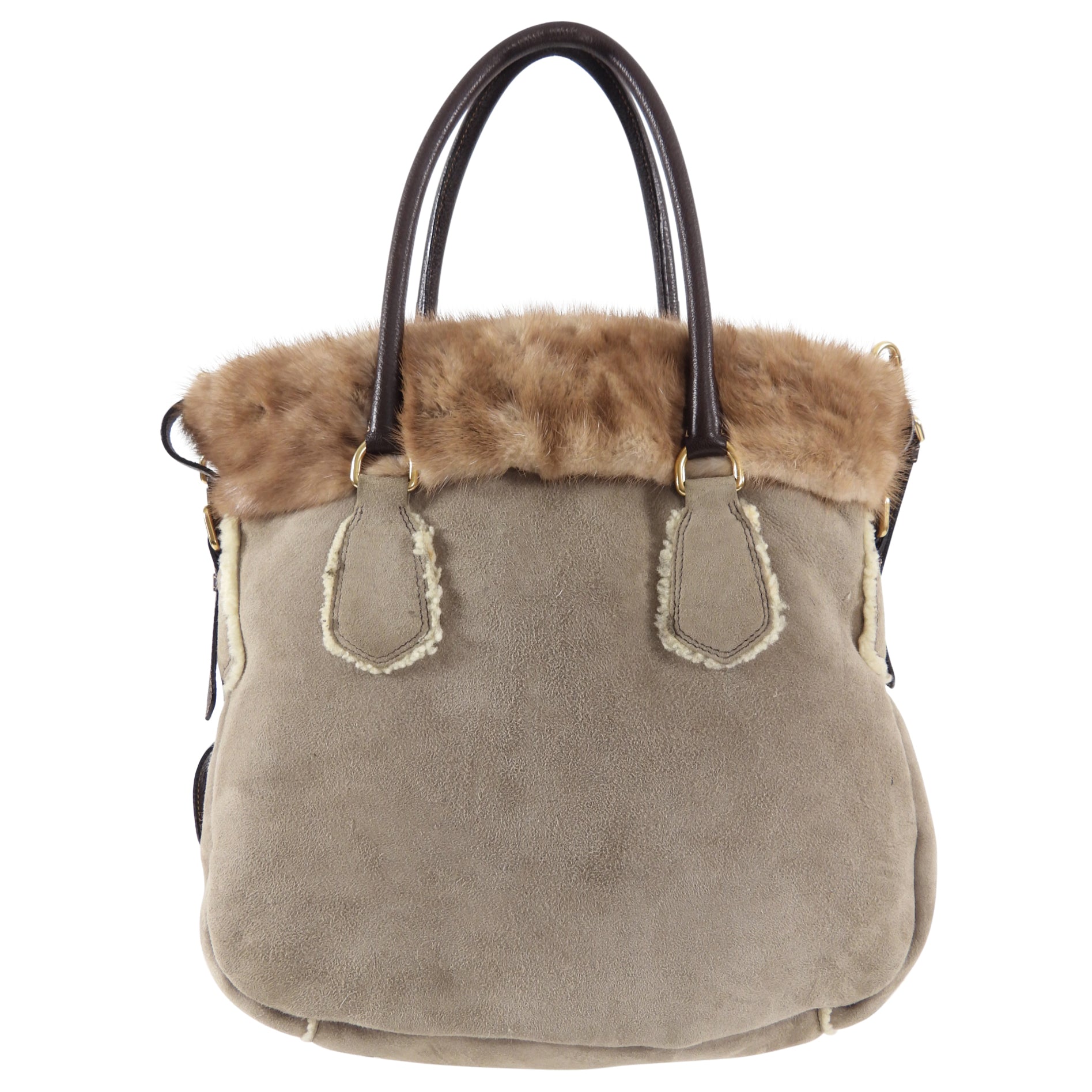 Prada Taupe Shearling Two-Way Fur Trim Bag