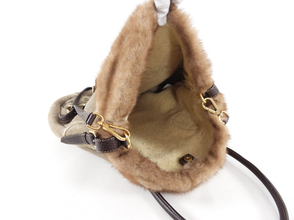 Prada Taupe Shearling Two-Way Fur Trim Bag