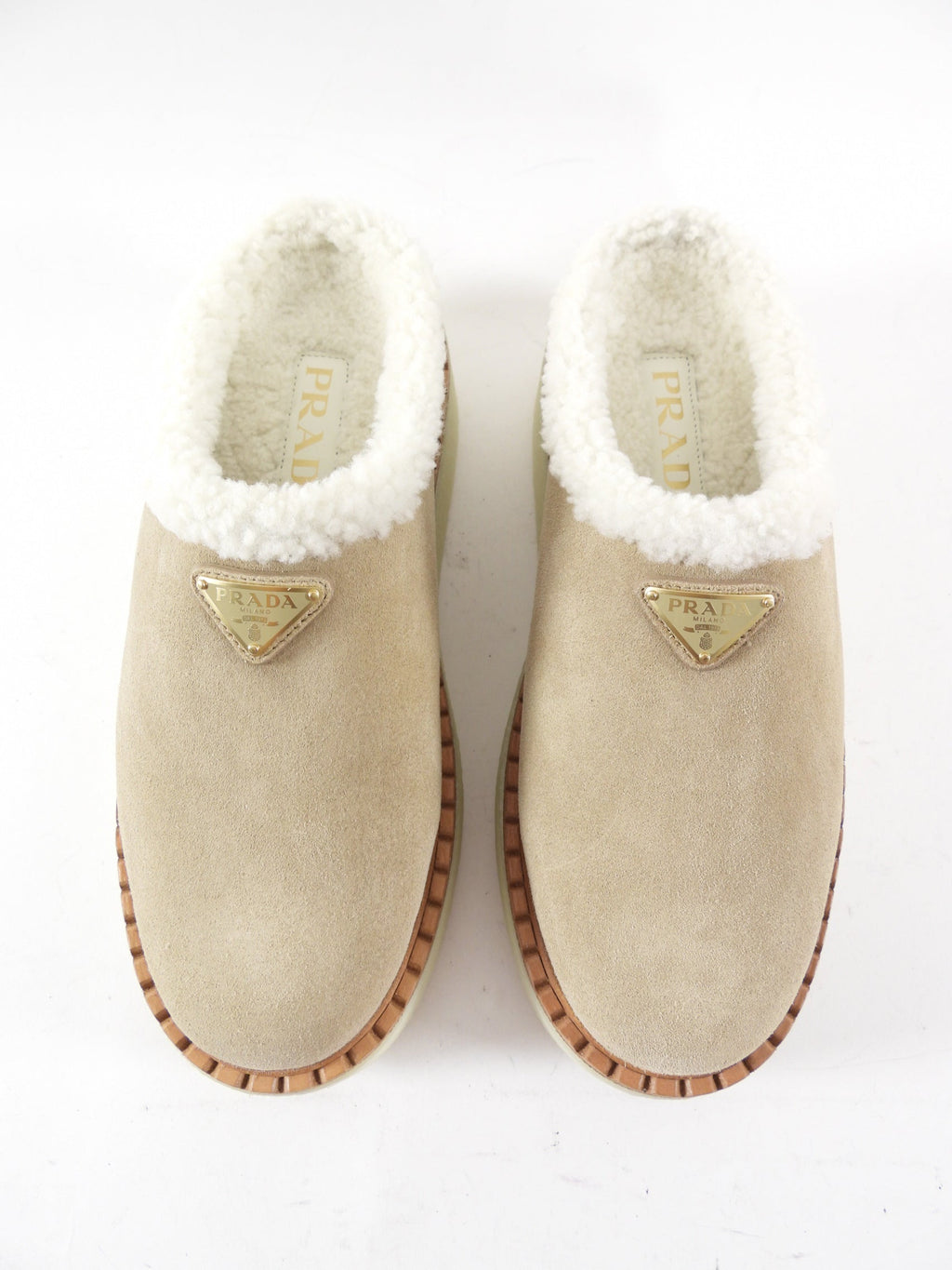 Prada Beige Suede Shearling Platform Mules - 37 / 7